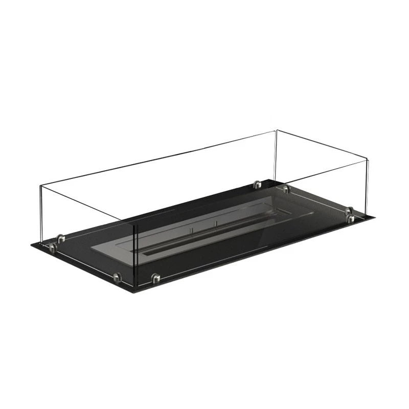 Foco Free 800 - unlit glass-and-steel burner frame, angled studio view