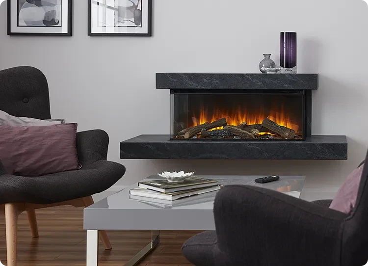 ścienny kominek elektryczny z marmurową ramą od British Fires