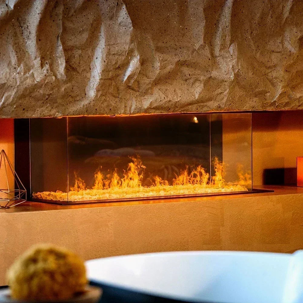Three-sided electric fireplace with realistic flames
