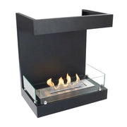 3-sided chimney build-in bioethanol fireplace with a lit flame, studio photo on white background