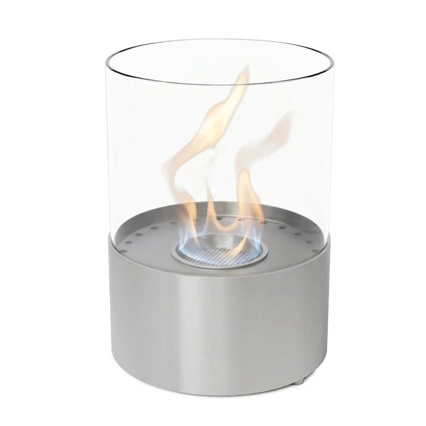 Kennington round tabletop bioethanol fireplace in steel with a lit flame