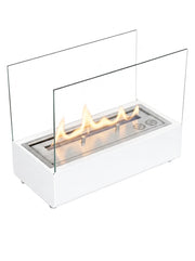 ScandiFlames white tabletop bioethanol fireplace, lit with a realistic flame, white studio shot