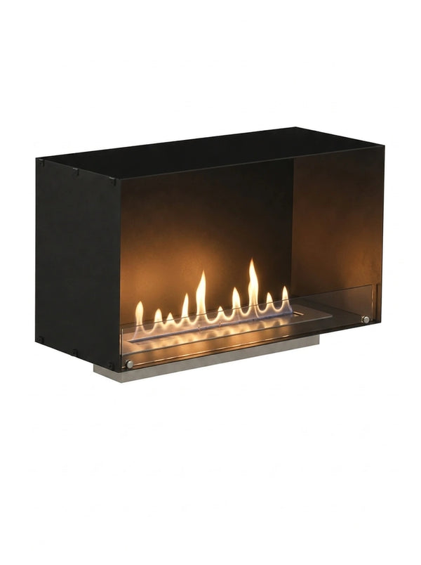 Foco One 1000 single-sided built-in bioethanol fireplace, unlit frame studio shot with realistic lit flame