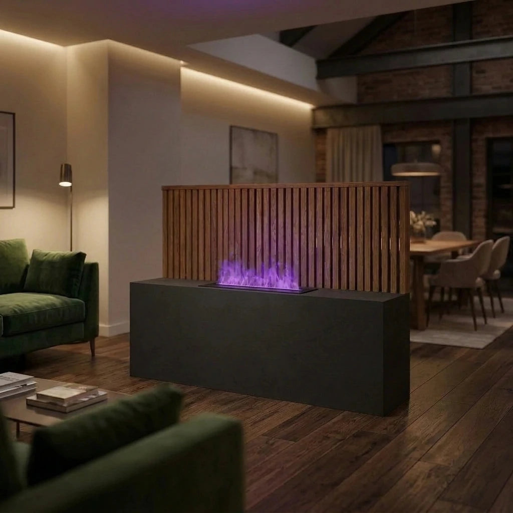Dimplex Opti-myst Cassette 500 Projects built into a free-standing room divider with oak slats and purple water vapour flames in an open-plan loft