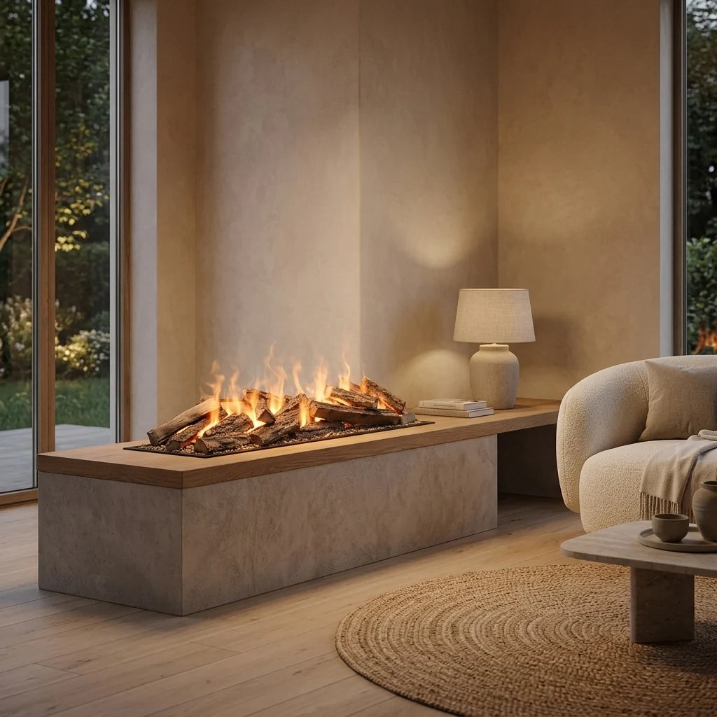 Dimplex Triton 1000 water vapour fireplace with decorative logs built into a concrete and oak bench in a Japandi living room with warm orange flames