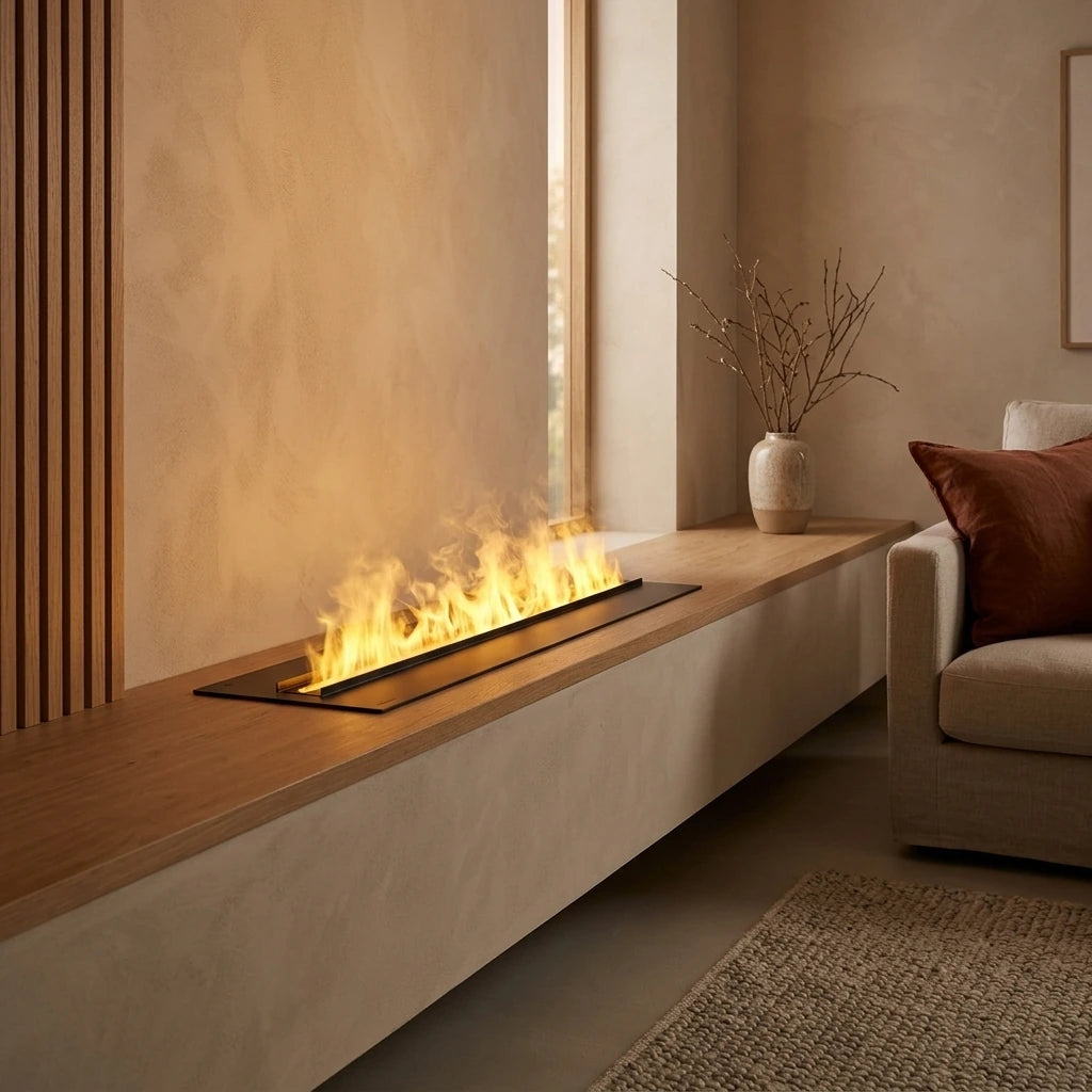 Dimplex Cassette 1000 water vapour fireplace with warm flames on an oak bench in a clay-beige limewash room with an oak slatted panel and a linen sofa
