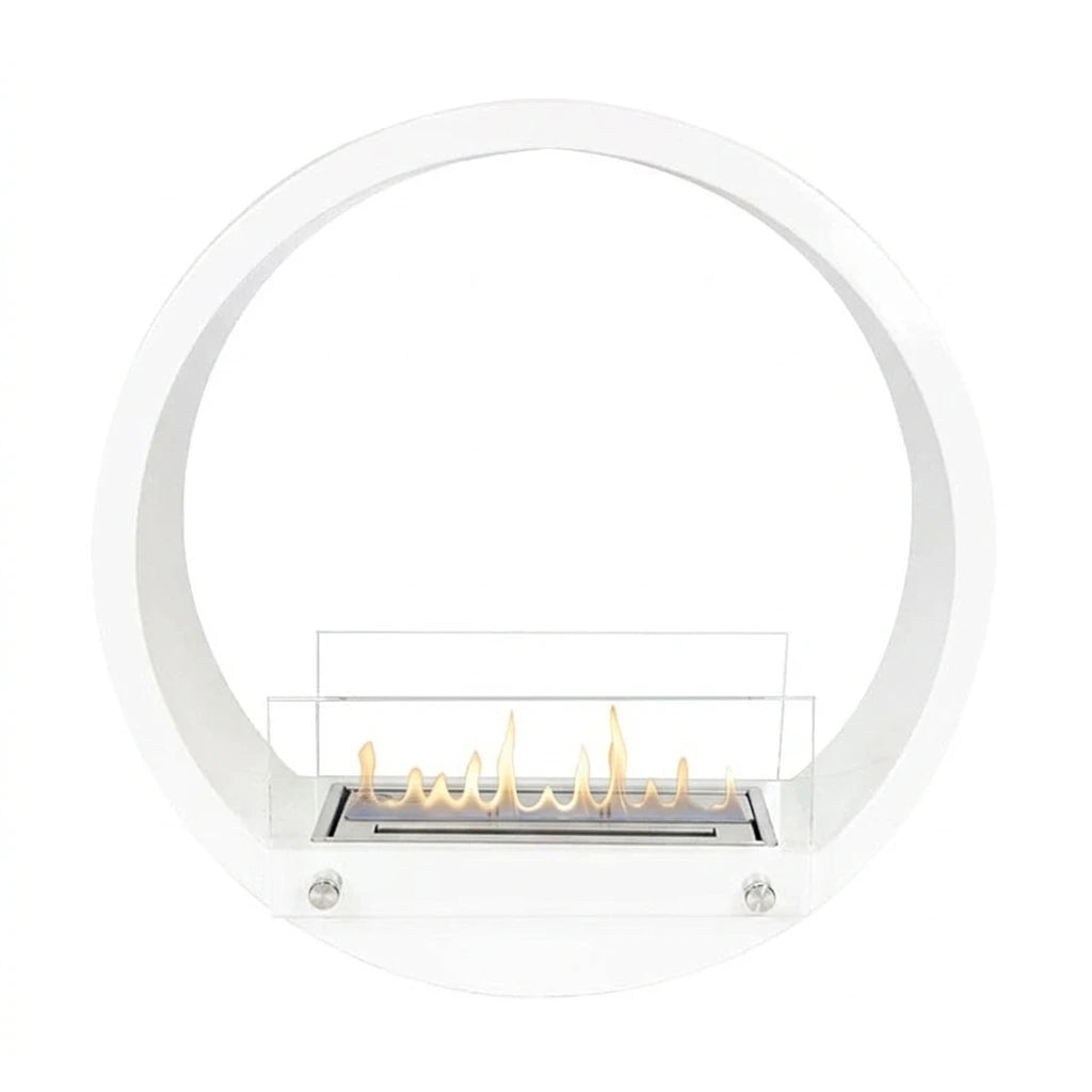 Round built-in bioethanol fireplace in white with a lit flame