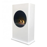 White freestanding bioethanol fireplace with round cutout, lit flame, angled view