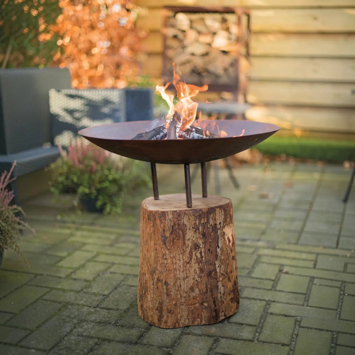Logger Medium Corten Steel Firepit on a Wooden Base