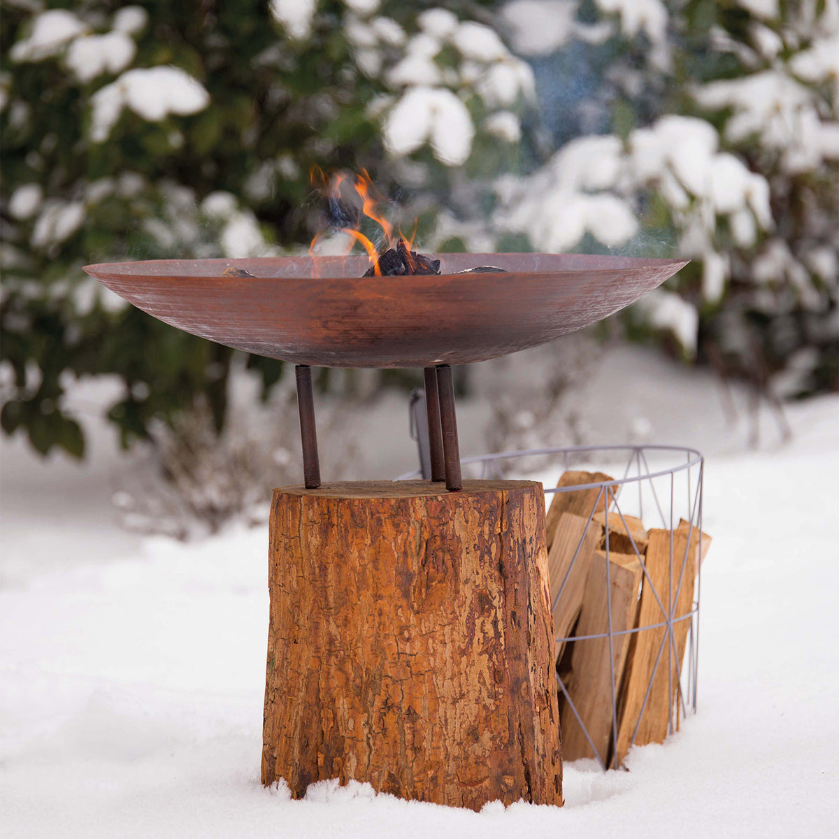 Logger Medium Corten Steel Firepit on a Wooden Base