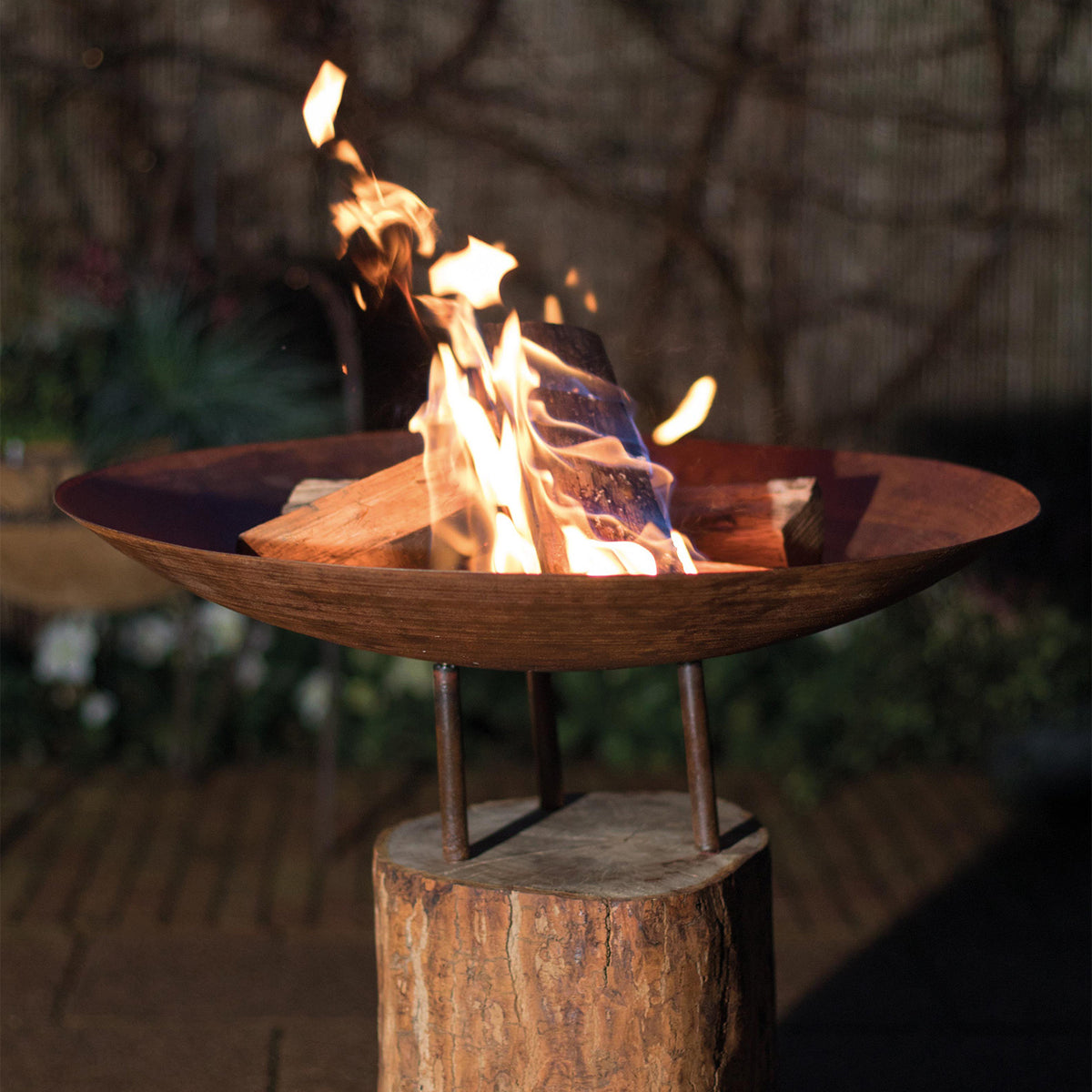 Logger Medium Corten Steel Firepit on a Wooden Base