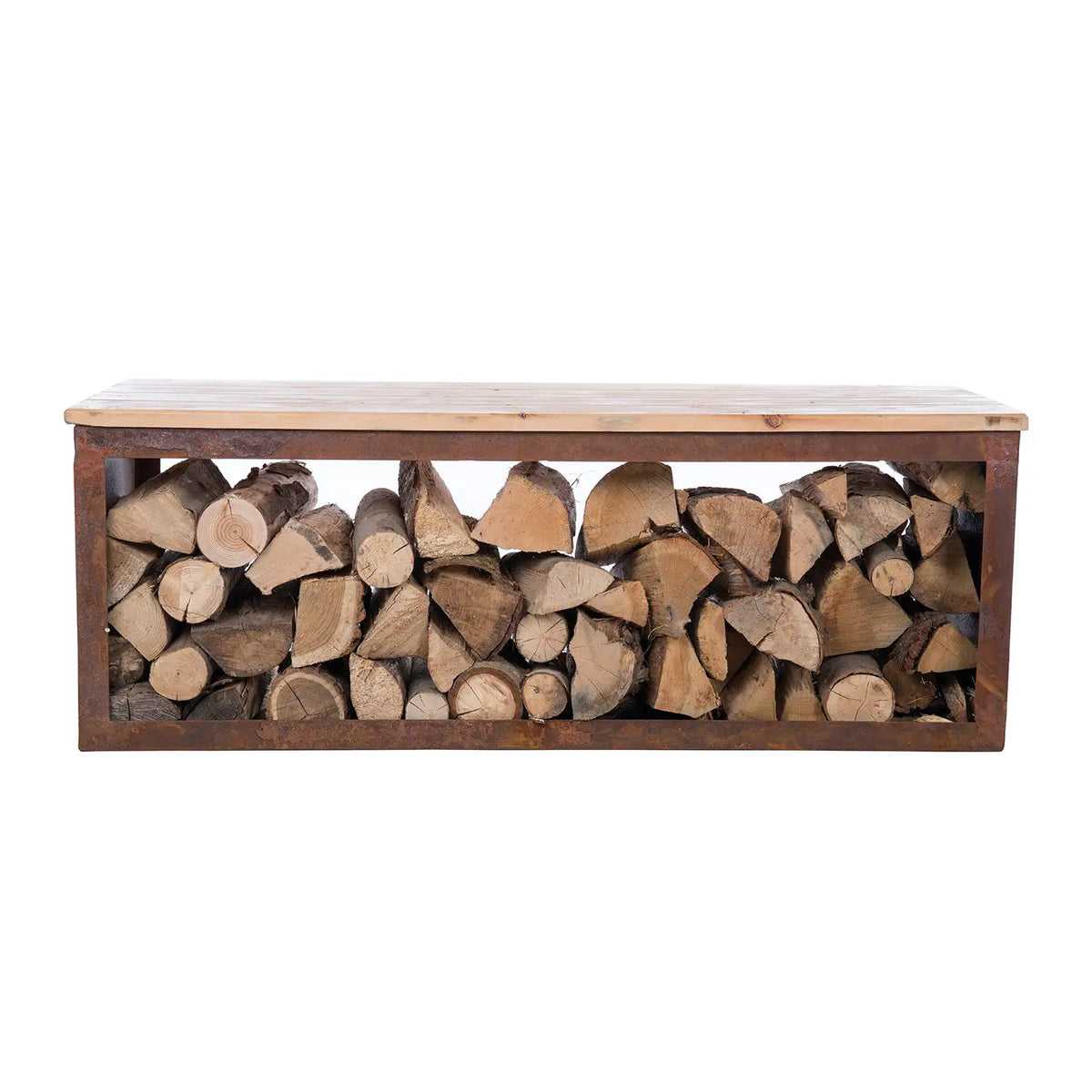 Tyr Wood Storage Bench in Corten Steel