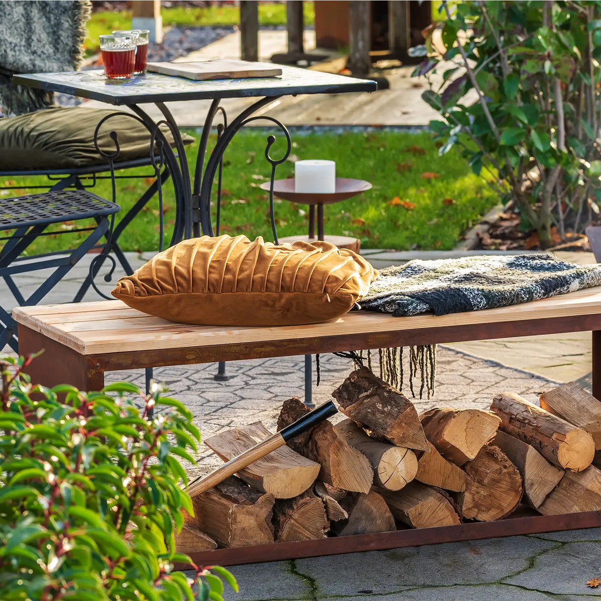 Tyr Wood Storage Bench in Corten Steel