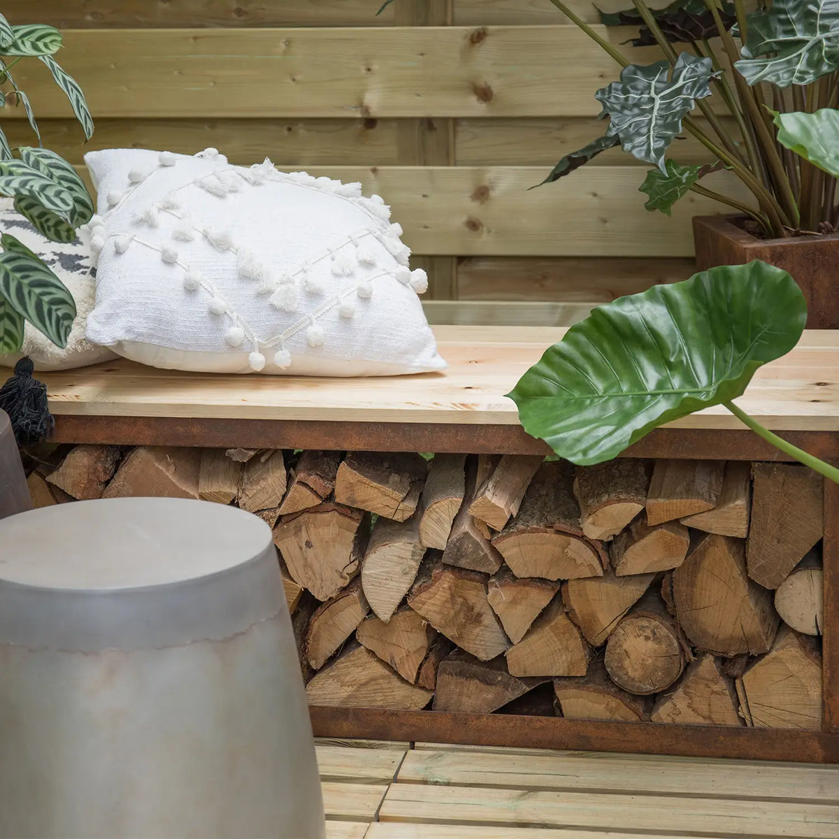 Tyr Wood Storage Bench in Corten Steel