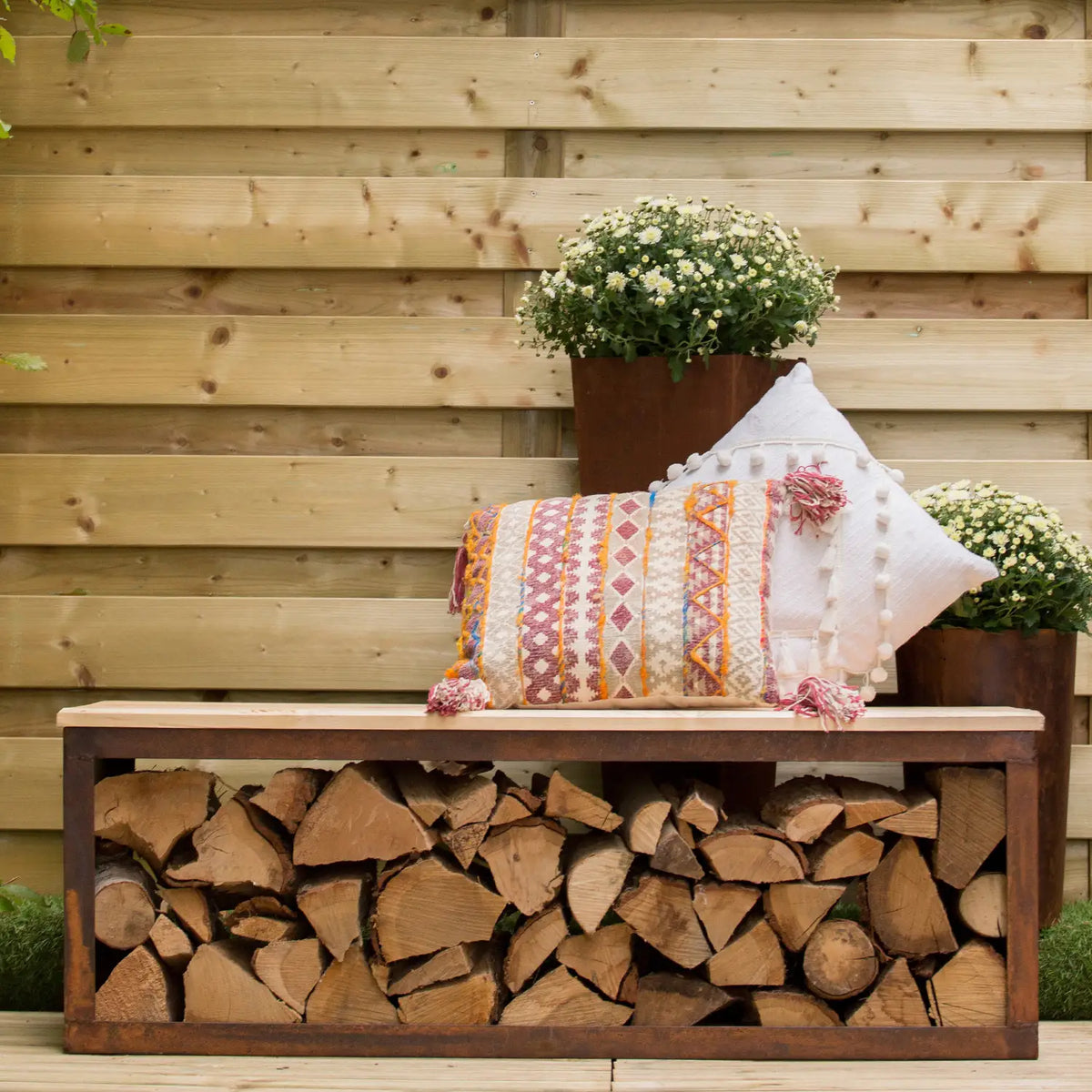 Tyr Wood Storage Bench in Corten Steel