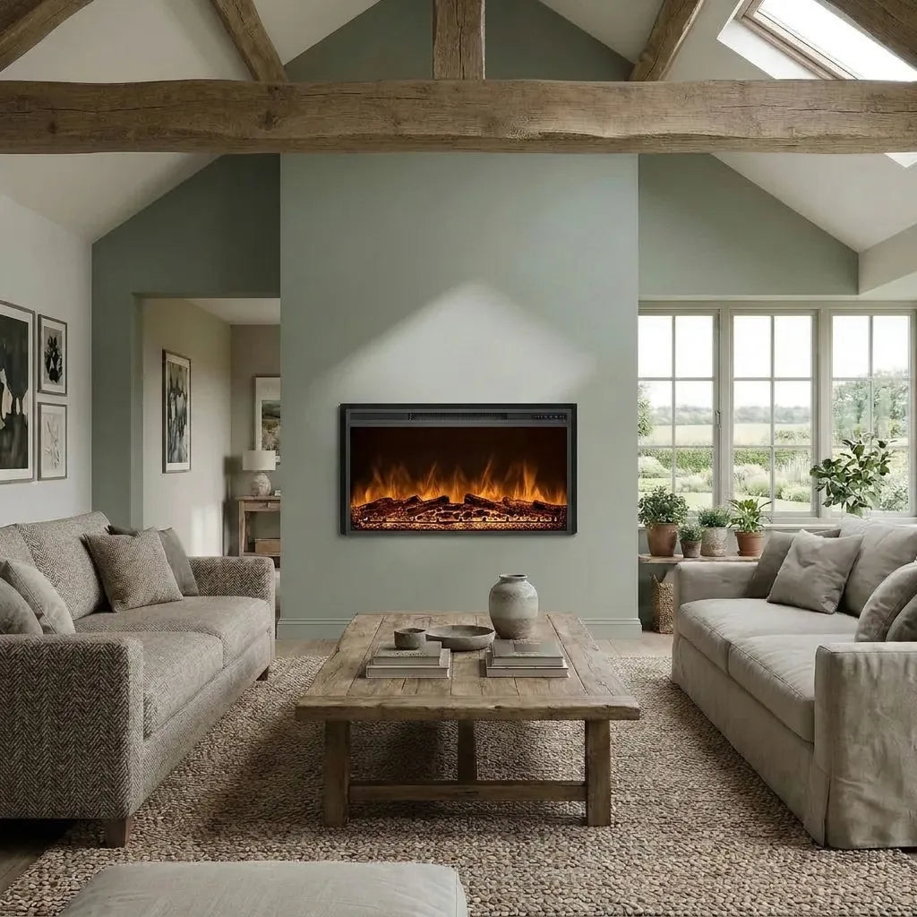 Pyrope 109 cm electric fireplace insert with realistic flames on a sage-green wall in a spacious country-house lounge with timber beams