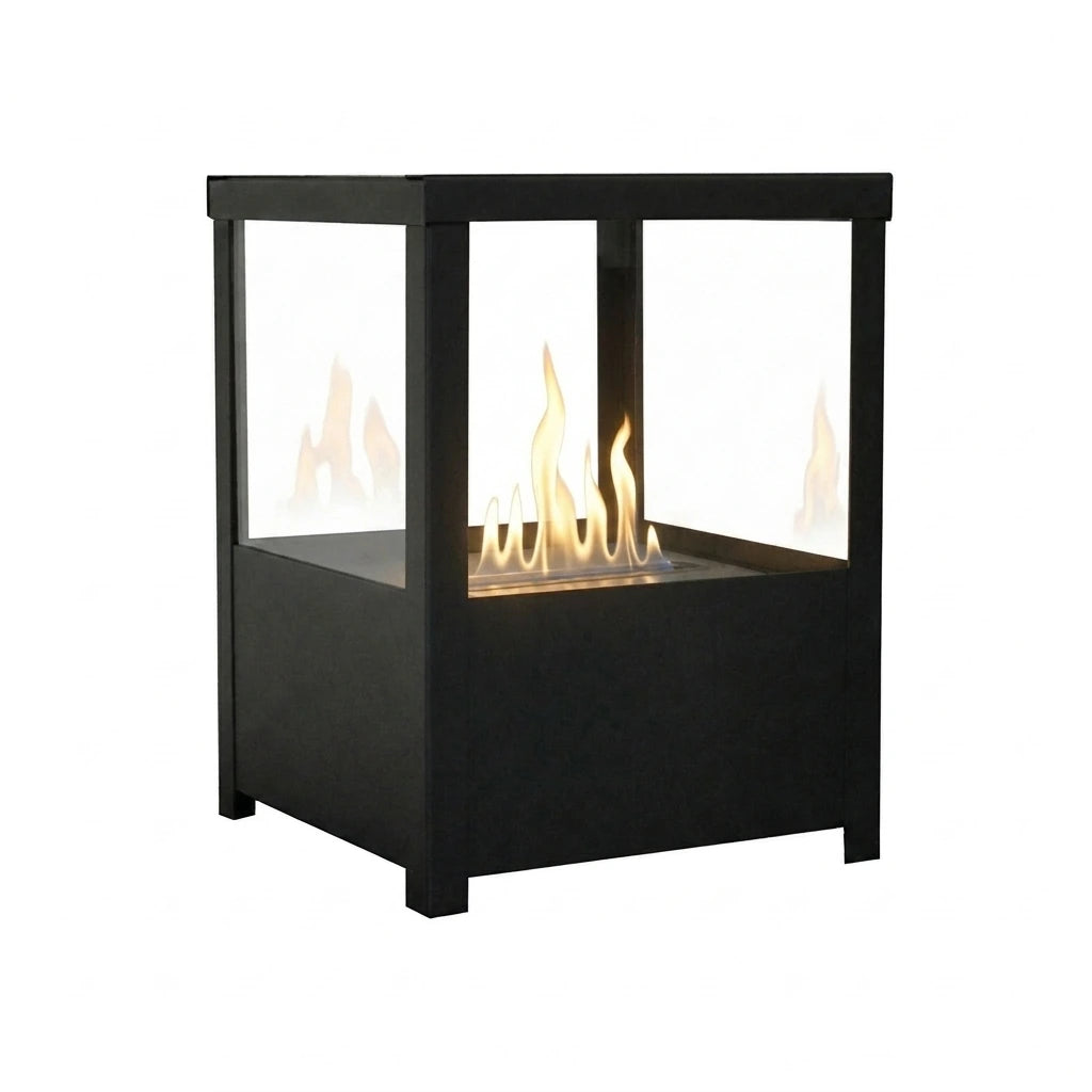Square black tabletop bioethanol fireplace, lit with a realistic flame, white-background studio shot