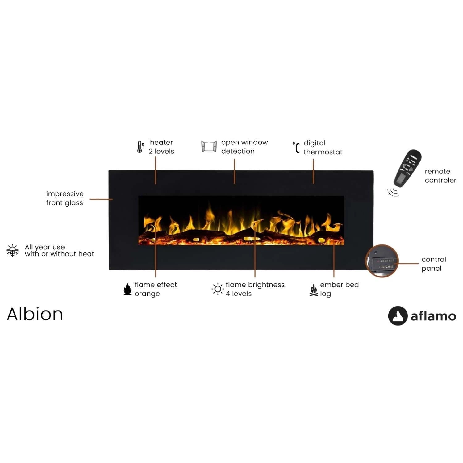 Czarny elektryczny kominek Aflamo Albion 110 cm