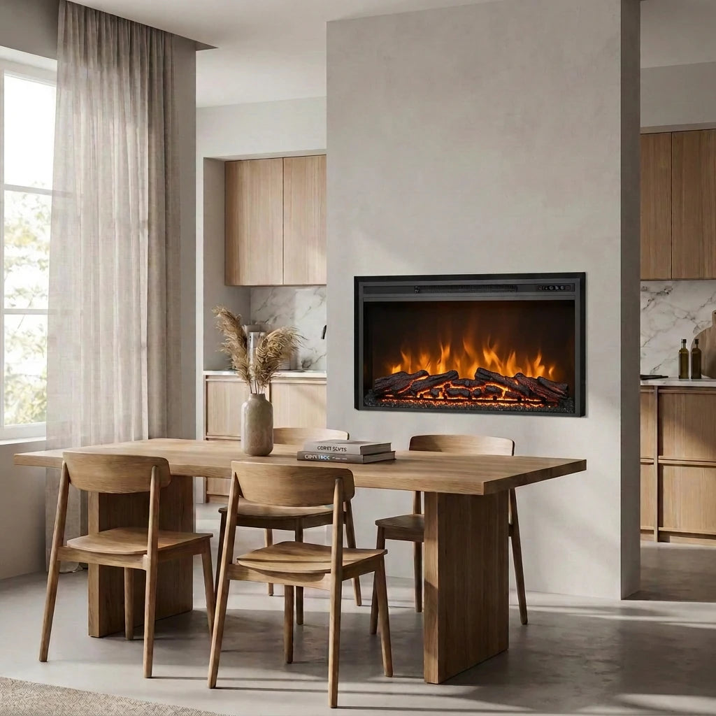 Pyrope 90 cm electric fireplace insert with realistic flames in a plastered wall in a bright open-plan kitchen and dining area