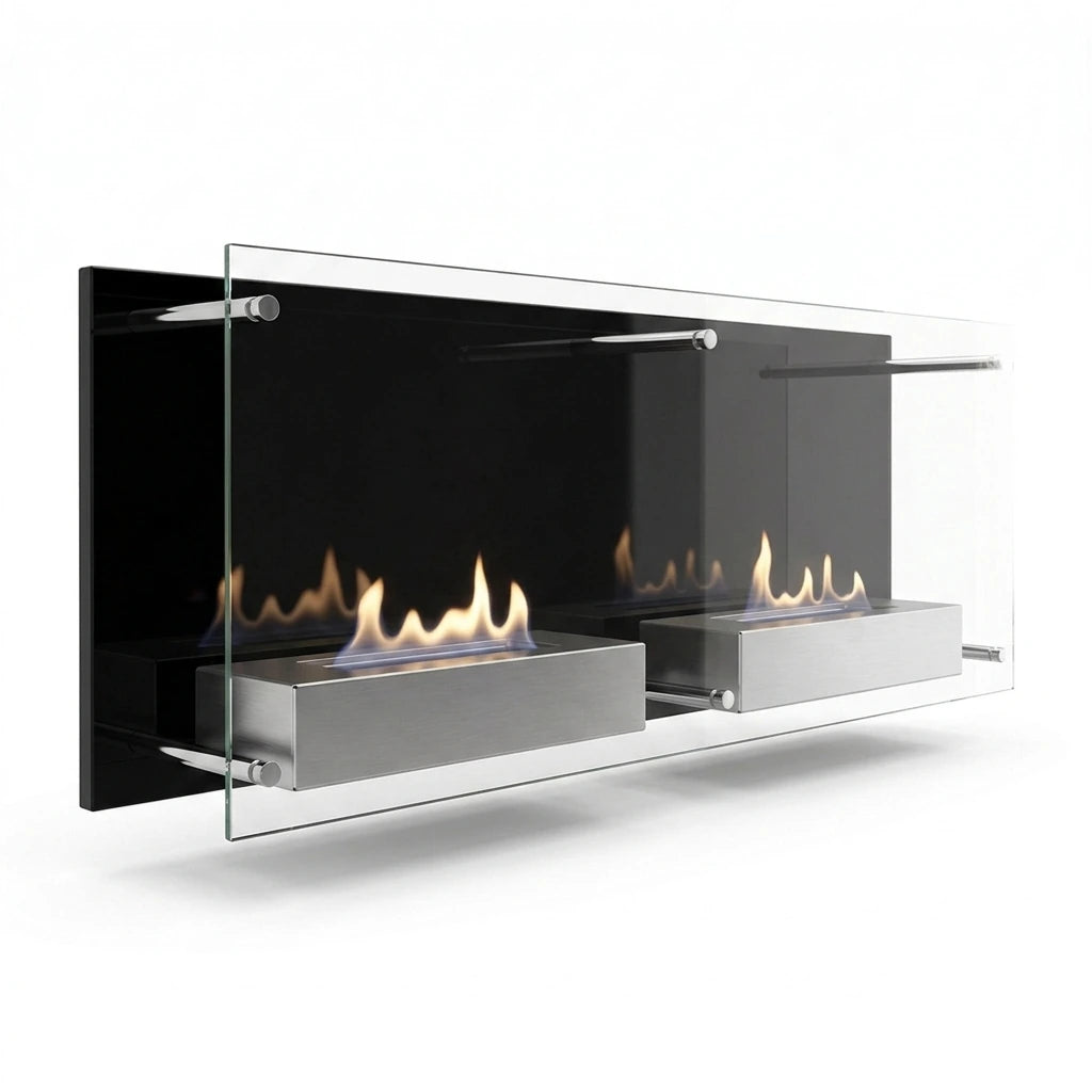 Double Nevada bioethanol wall-mounted fireplace with two realistic lit ethanol flames behind black and clear glass panels, studio photo on white background