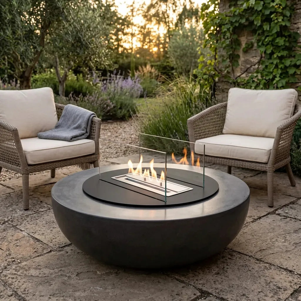 Bioethanol burner assembly with safety glass built into an outdoor concrete fire pit table on a patio at dusk