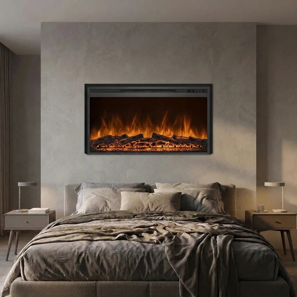 Pyrope 109 cm electric fireplace insert with realistic flames on a grey wall above the bed in a calm master bedroom