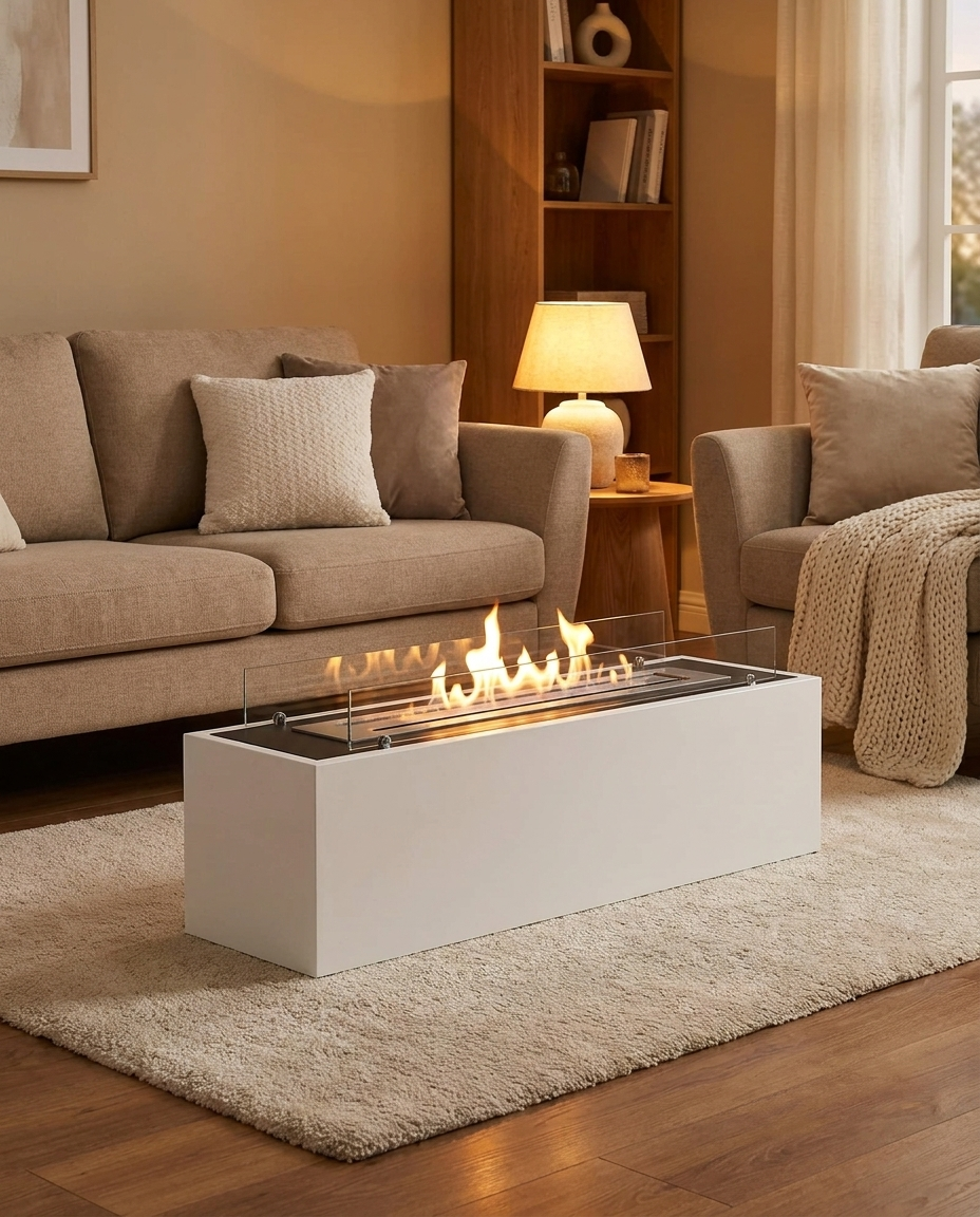 White freestanding bio fireplace in a cozy evening living room scene, positioned like a low coffee table in front of a sofa with a warm lamp glow, lit with a realistic flame