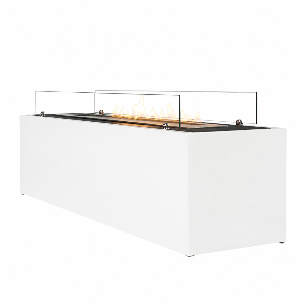 White freestanding bio fireplace, angled studio shot on white background, lit with a soft natural flame