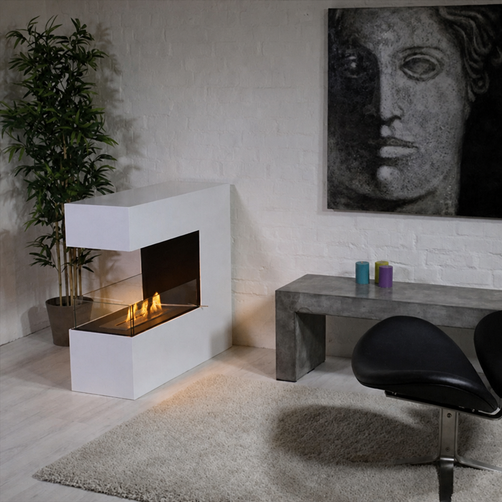 Topeka White bio fireplace in a real living room with exposed brick wall and framed art, lit with a realistic flame casting a warm glow