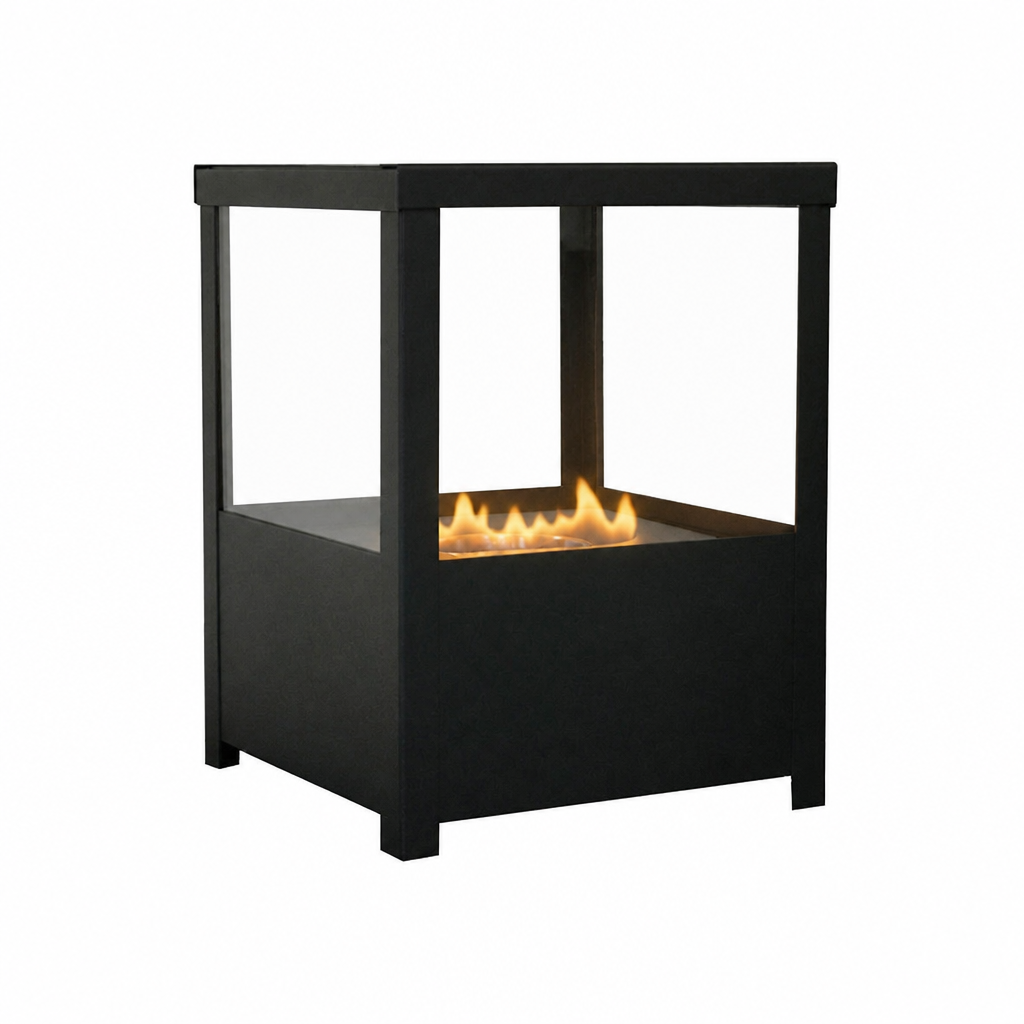 Square black tabletop bioethanol fireplace, lit with a realistic flame, white-background studio shot