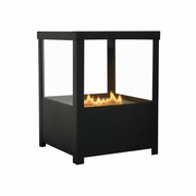 Square black tabletop bioethanol fireplace, lit with a realistic flame, white-background studio shot