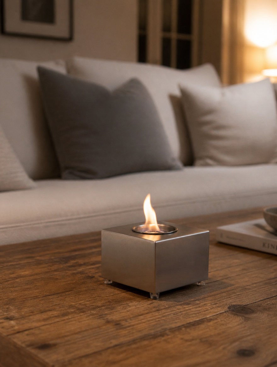 Cube tabletop bioethanol fireplace with a small lit flame on a wooden coffee table in a cozy living room, evening lifestyle setting