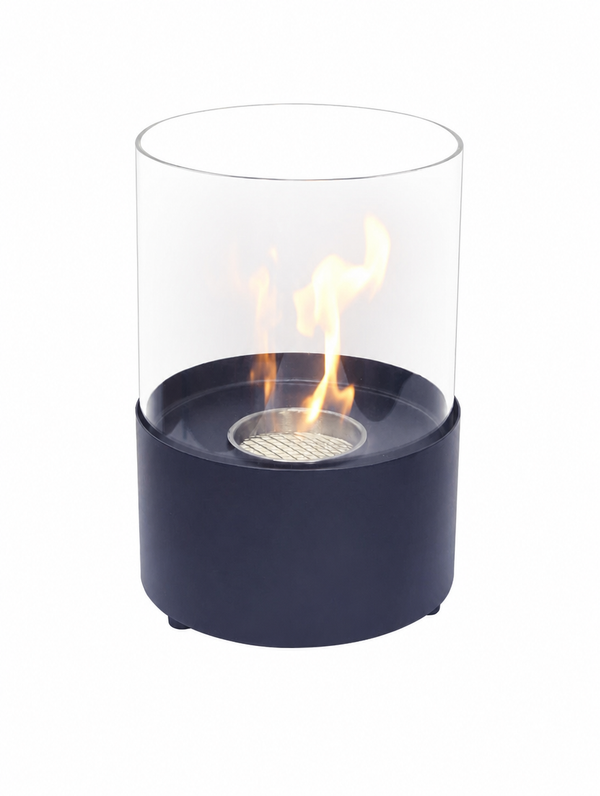 Kennington round tabletop bioethanol fireplace in black with lit flame, white studio background