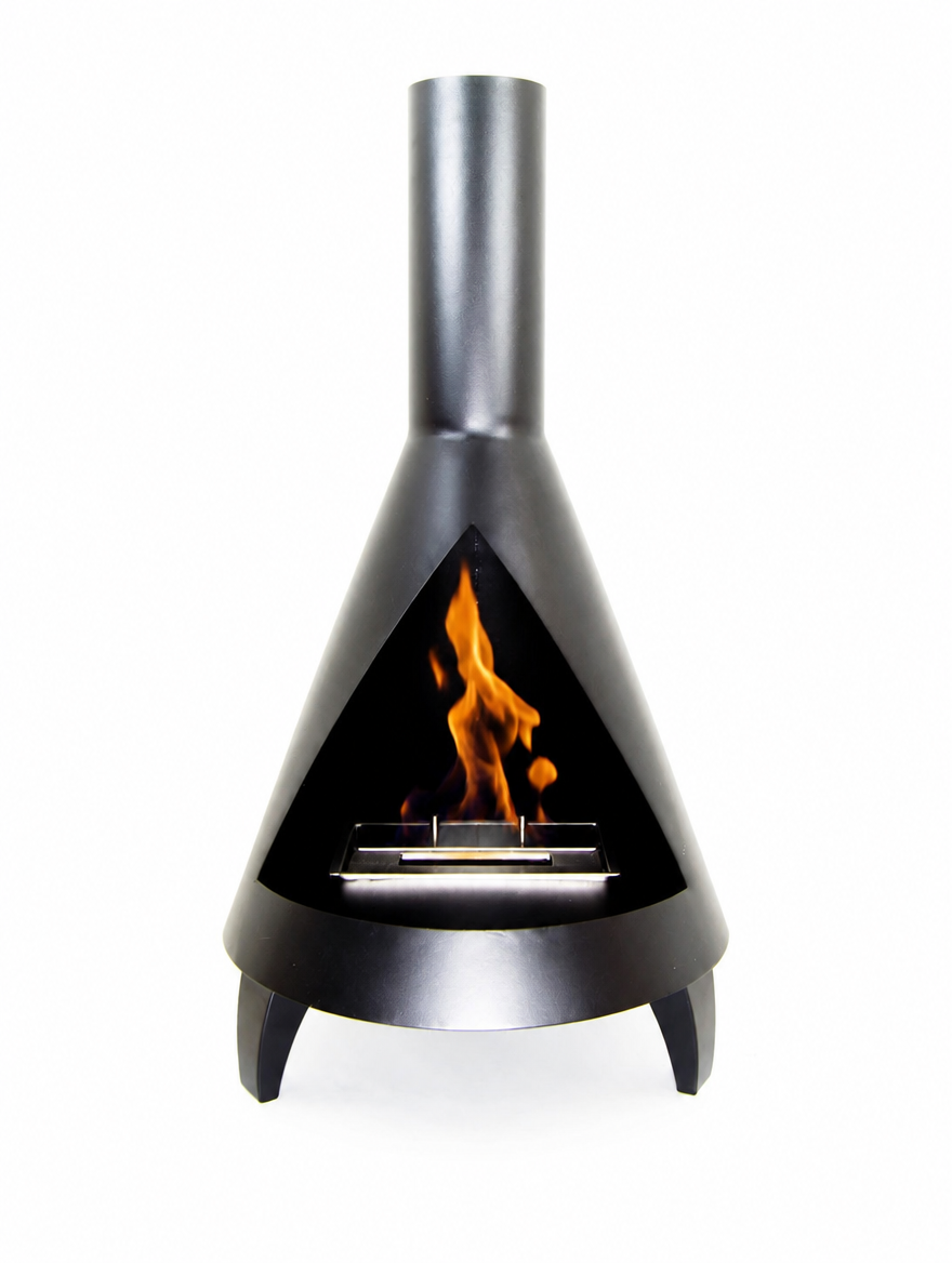 Salem black steel bioethanol fireplace with a lit flame, white studio background