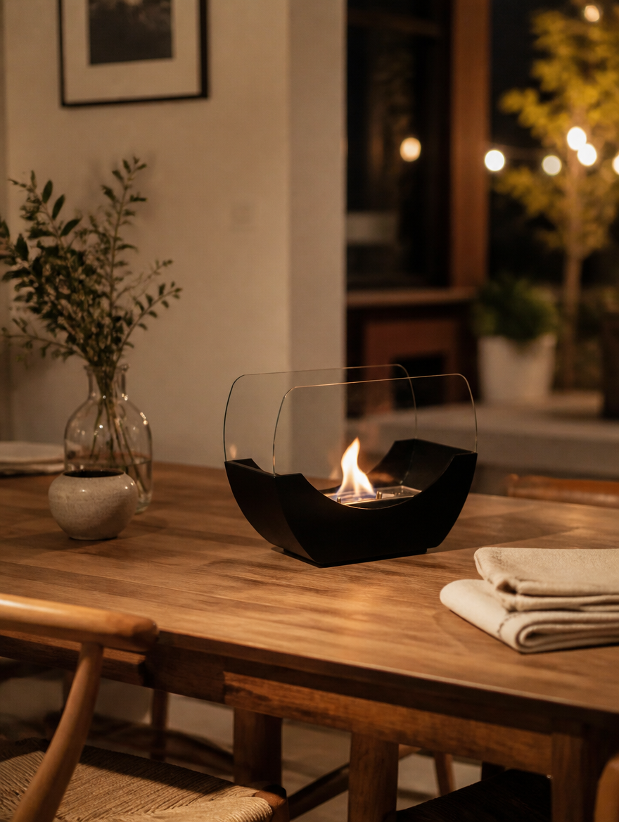 Cradle black bioethanol fireplace lit on a dining tabletop in the evening, beside a vase and napkins