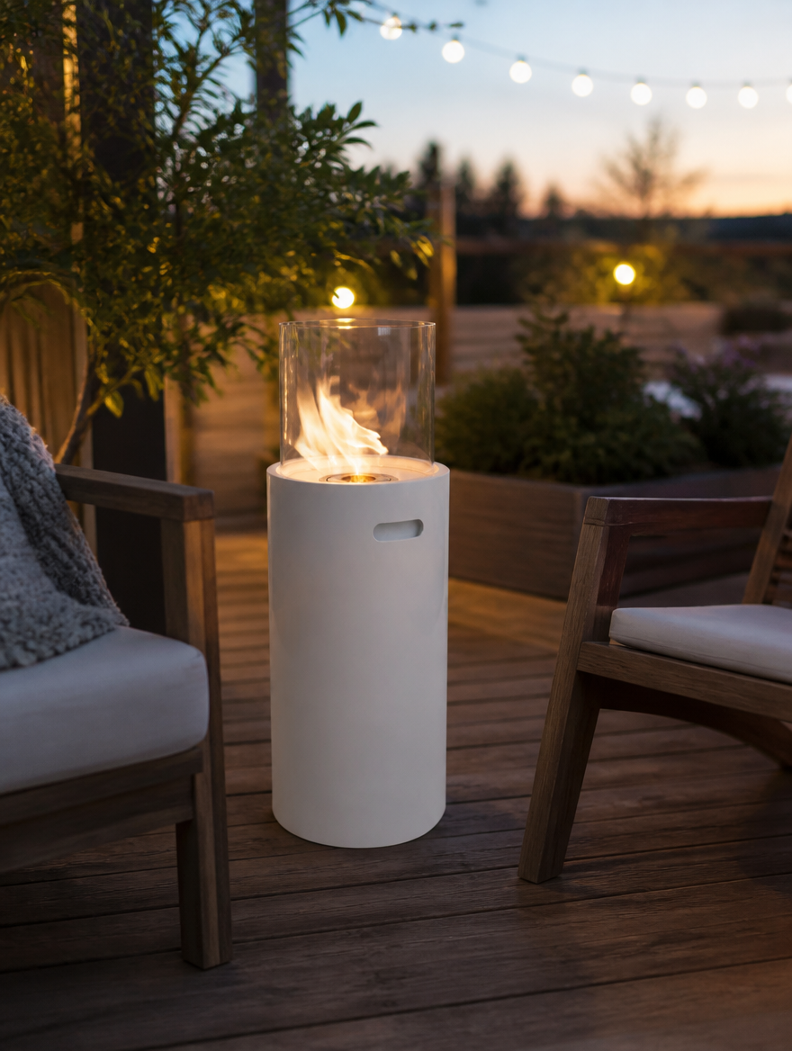 ScandiFlames outdoor white bioethanol fireplace lit on a terrace between two lounge chairs at dusk
