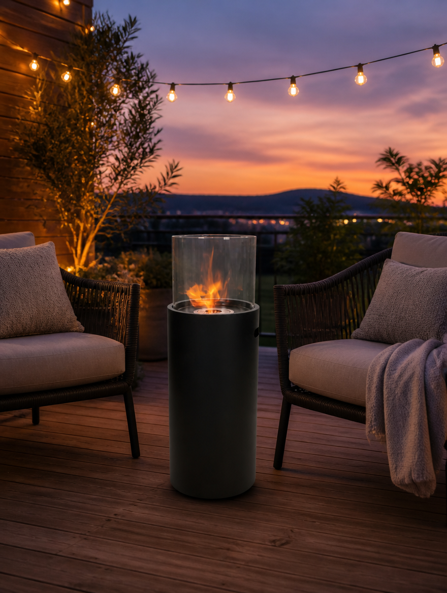 ScandiFlames outdoor black bioethanol fireplace lit on a terrace between two wicker lounge chairs at dusk