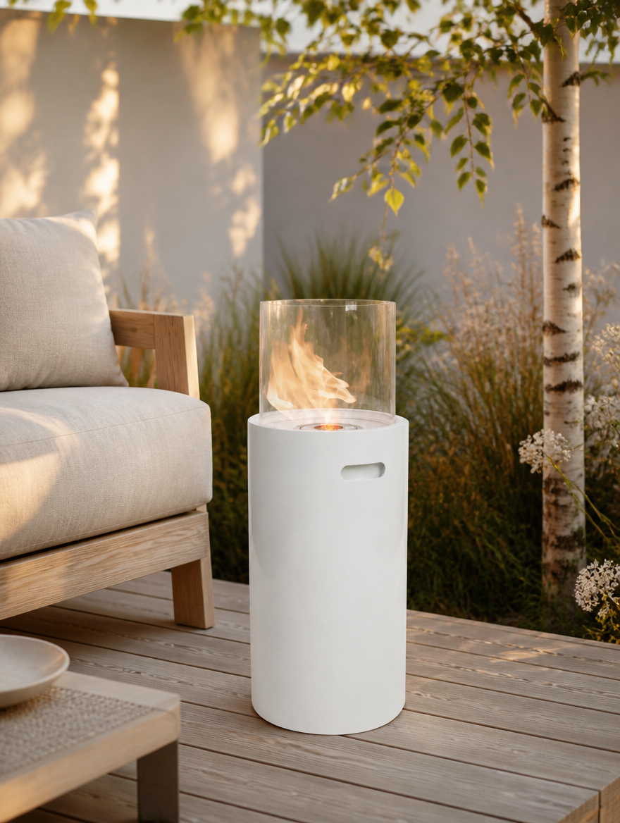 ScandiFlames white bioethanol fireplace lit in a Scandinavian garden beside a birch tree and teak lounge sofa