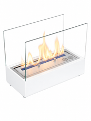 ScandiFlames white tabletop bioethanol fireplace, lit with a realistic flame, white studio shot