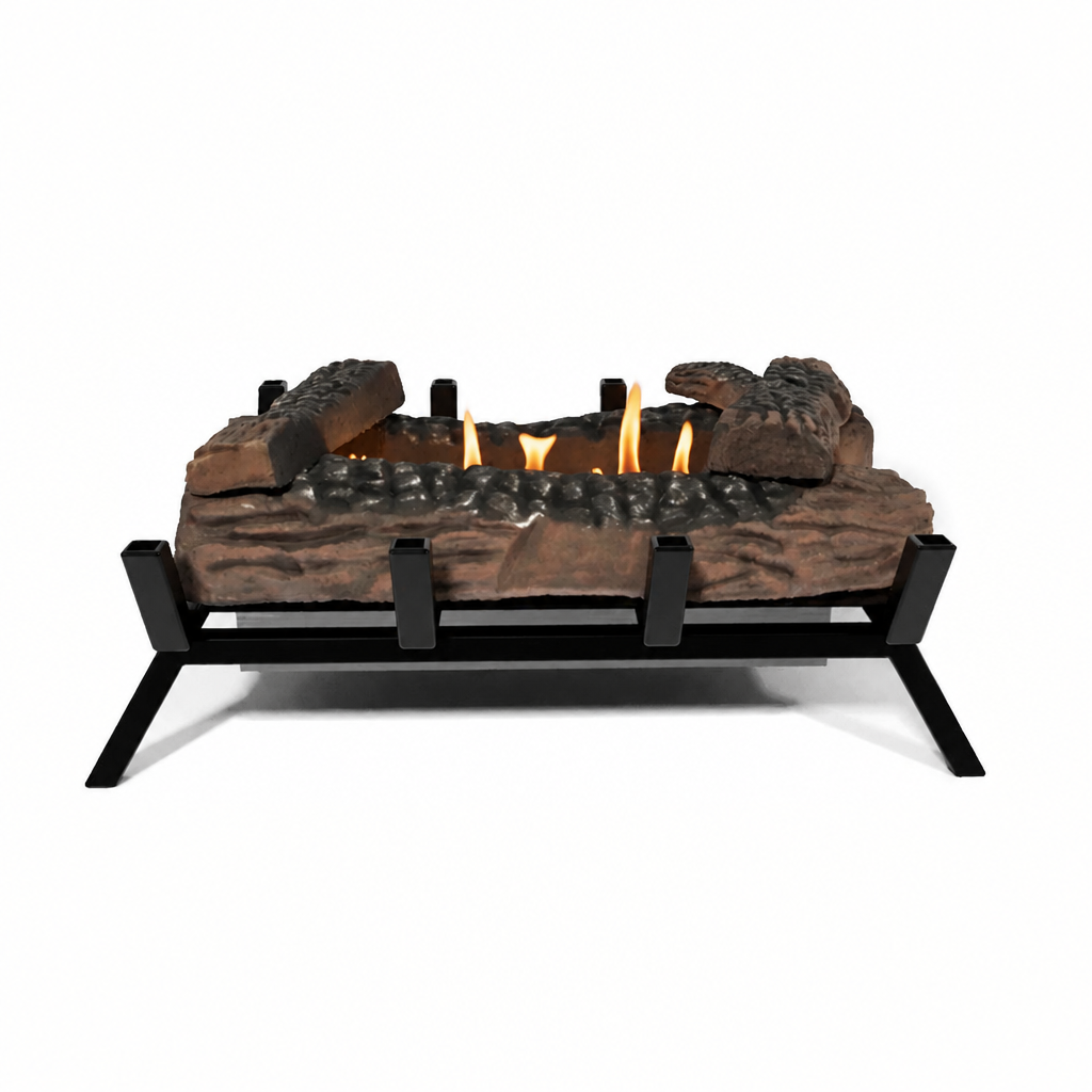 ScandiFlames Grate M 40 cm bioethanol fire grate with lit warm amber flame and ceramic decorative logs, front view