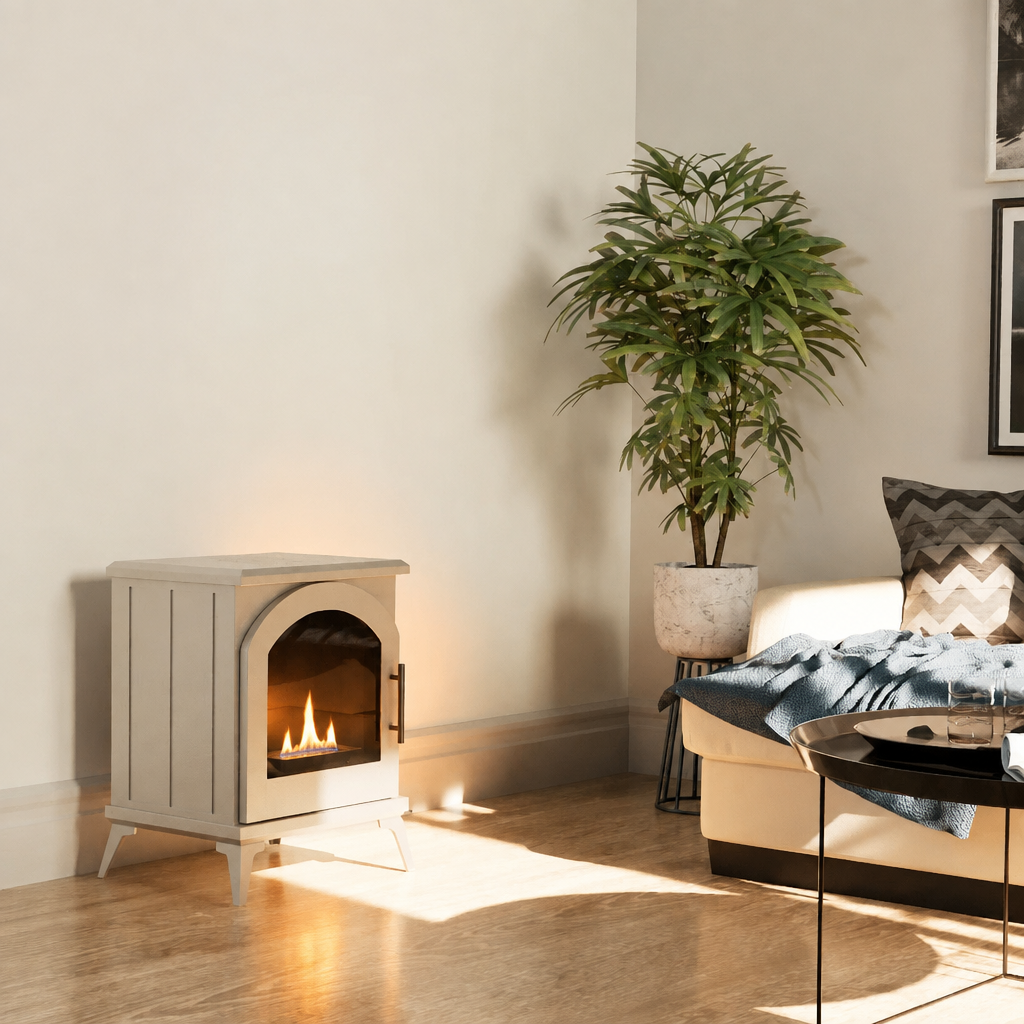 ScandiFlames Austin white bioethanol stove lit in the corner of a bright living room with a potted plant