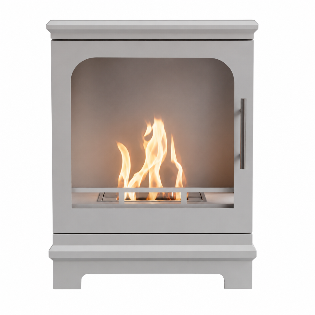 ScandiFlames Honolulu white bioethanol stove with lit flame, front studio view