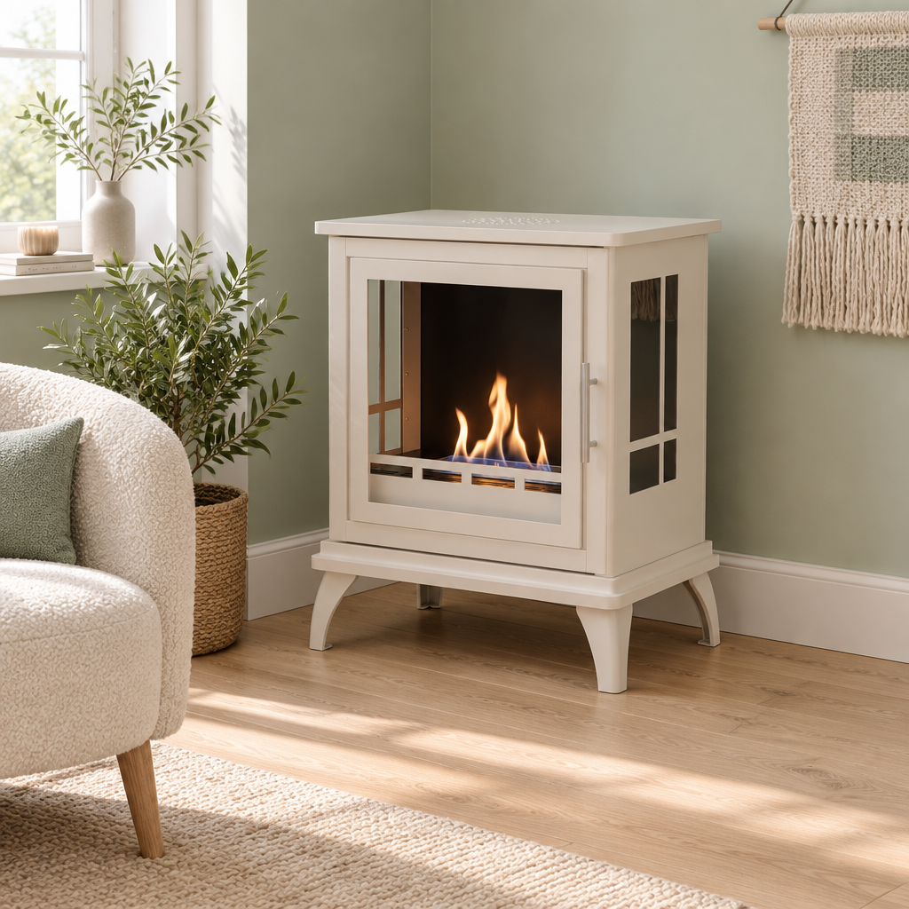 Nashville Oyster White bioethanol stove standing freely in a sage-green corner of a living room with boucle armchair and woven wall hanging