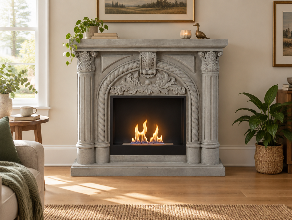 Embla freestanding bioethanol fireplace styled in a warm, cosy living room