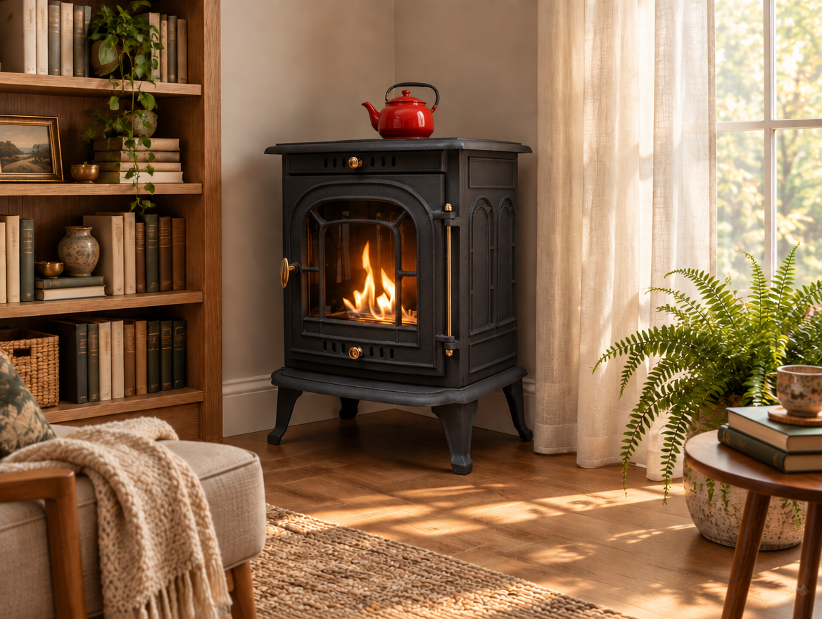 ScandiFlames Altar cast iron bioethanol stove in a cozy sunroom corner with the decorative top removed, showing the exposed cooking plate with a red enamel teapot heating on top (teapot not included)