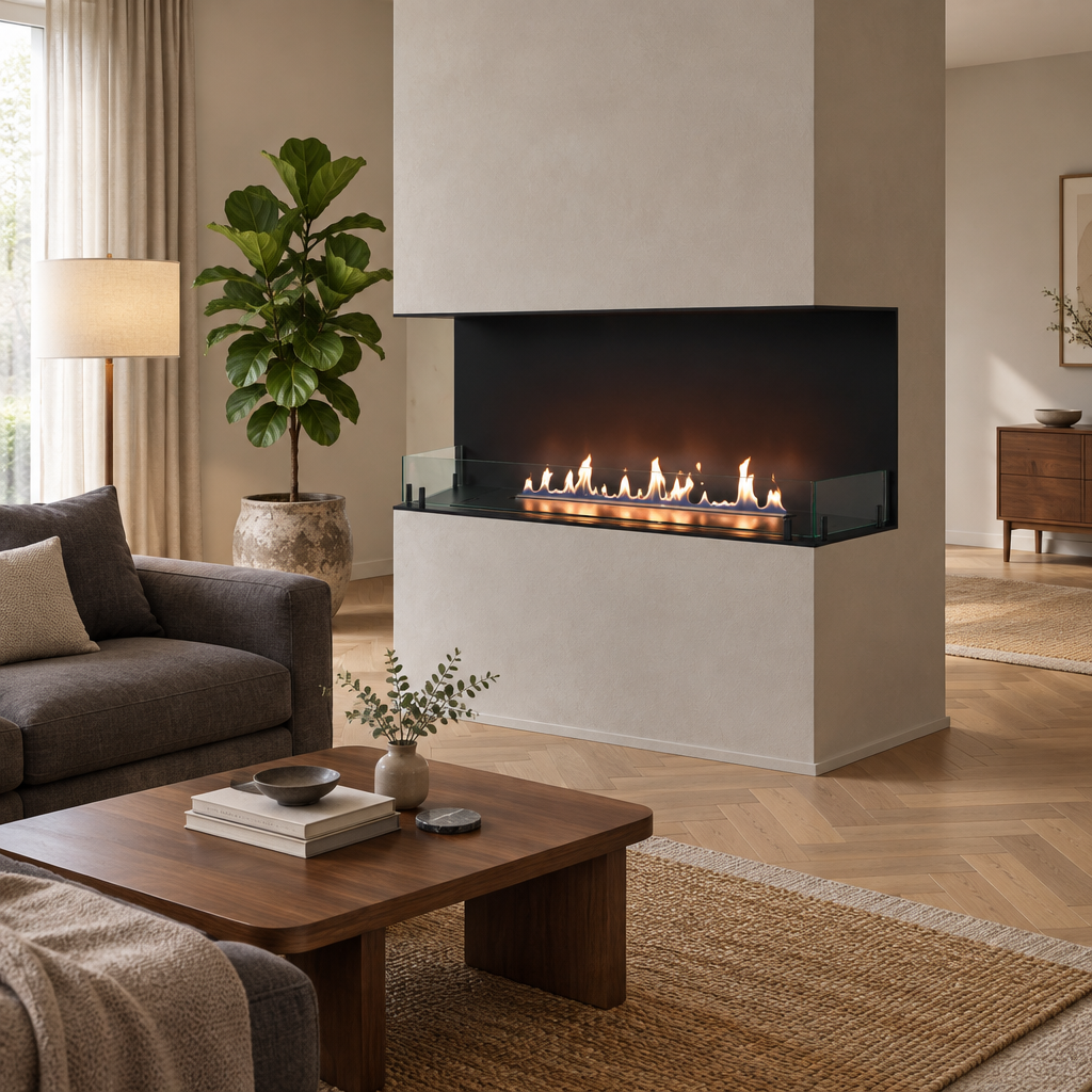 Foco Three 1200 built into a narrow protruding wall pillar, open on the front and both sides, with a realistic lit ethanol flame, in a warm modern living room.