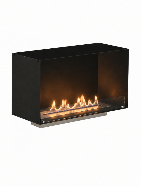 Foco One 1000 single-sided built-in bioethanol fireplace, unlit frame studio shot with realistic lit flame