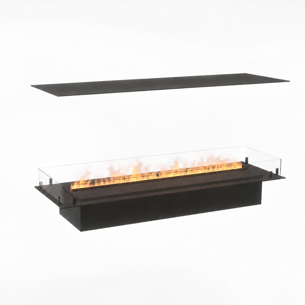 Foco Myst Four 1200 four-sided water vapour fireplace, studio shot with realistic Opti-myst flame effect