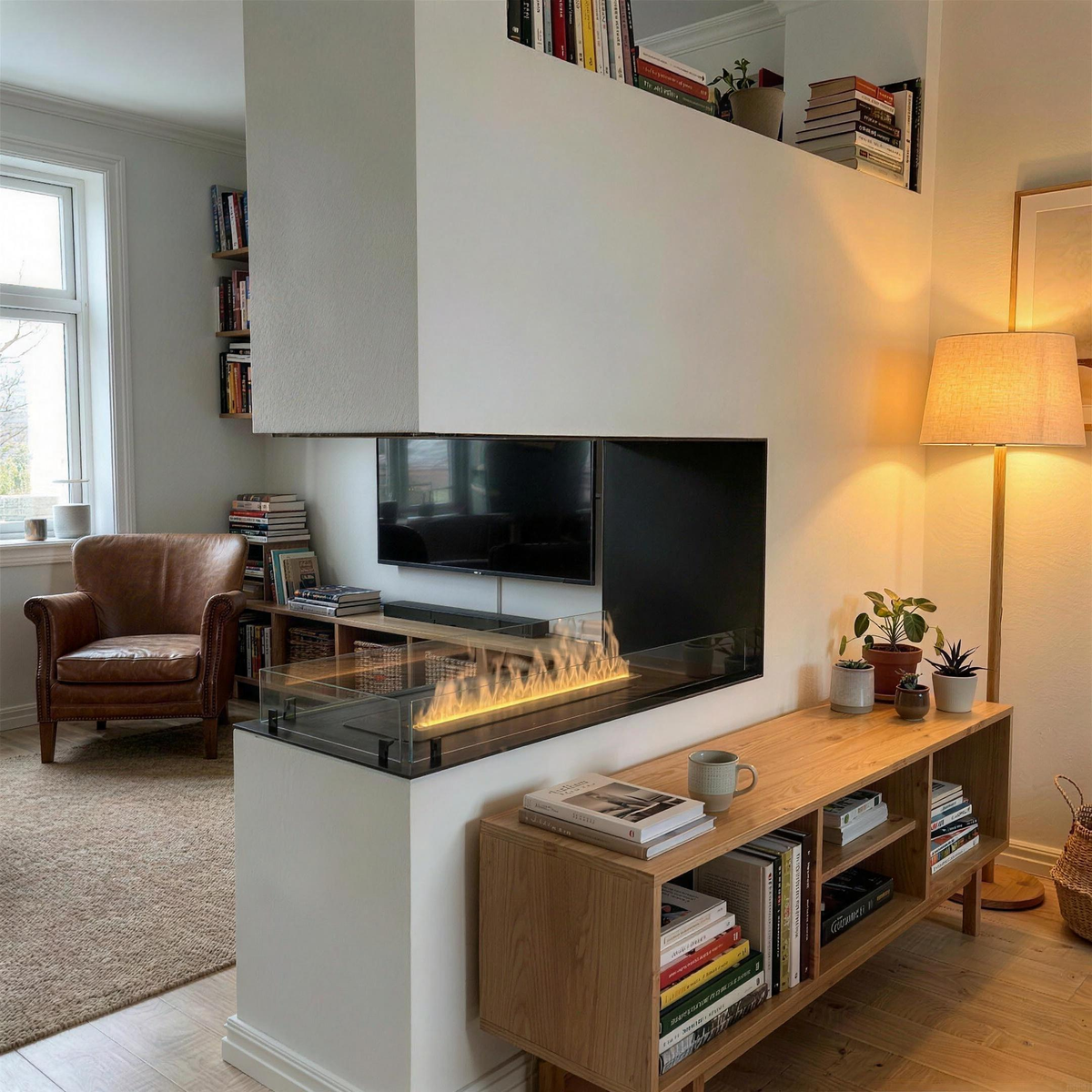 Foco Myst Room Divider 1000 water vapour fireplace built into a plastered wall, styled with books and plants