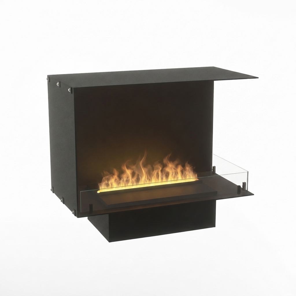 Foco Myst Corner Right 800 water vapour fireplace, studio shot with realistic Opti-myst flame effect